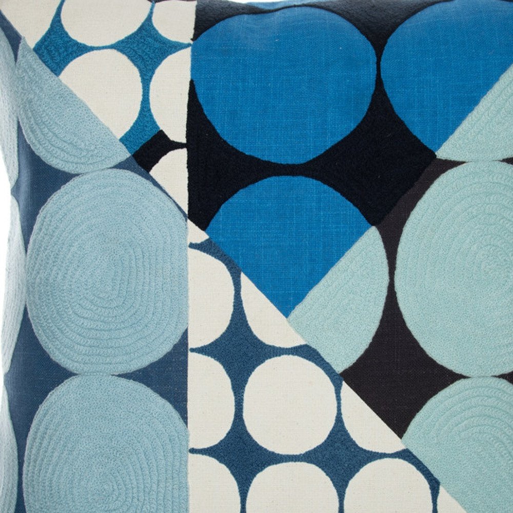 24" Blue and Ivory Geometric Cotton Throw Pillow With Embroidery