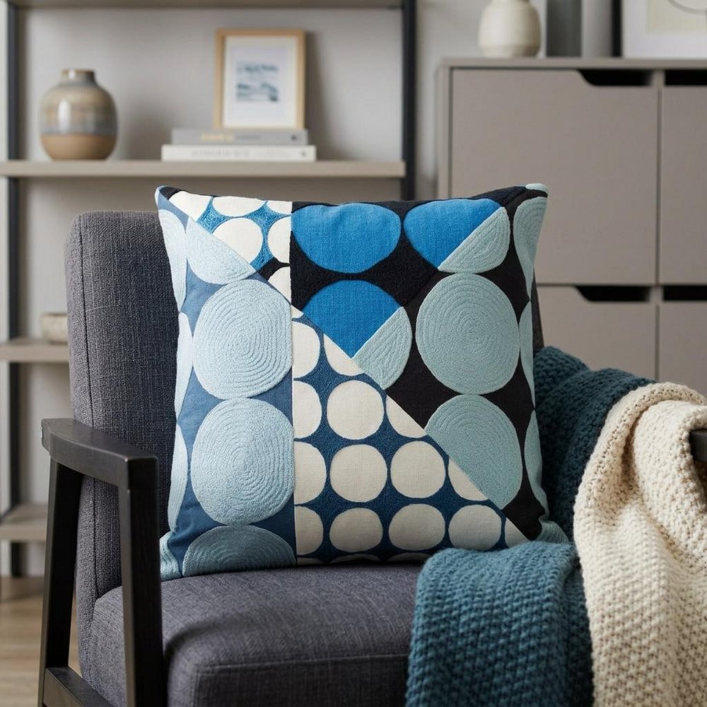 24" Beige and Black Geometric Cotton Throw Pillow With Embroidery