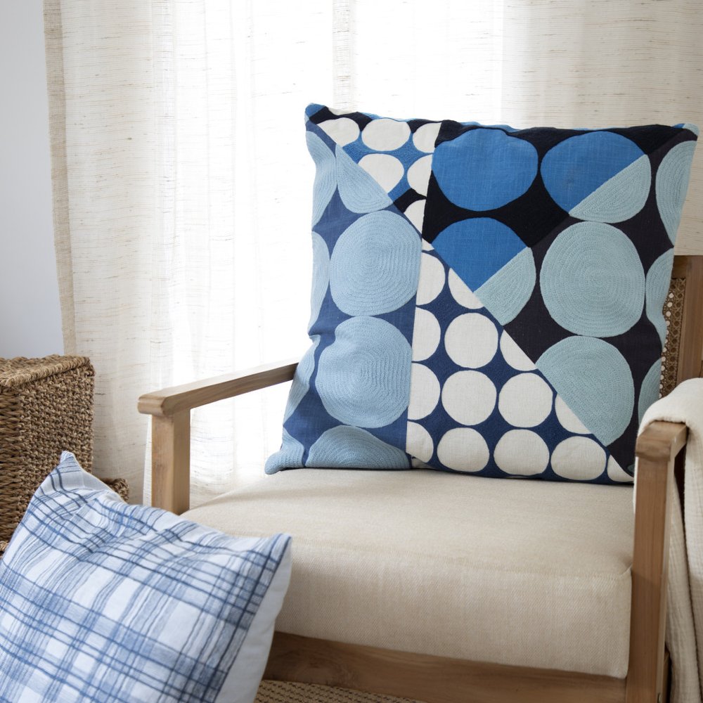 24" Blue and Ivory Geometric Cotton Throw Pillow With Embroidery