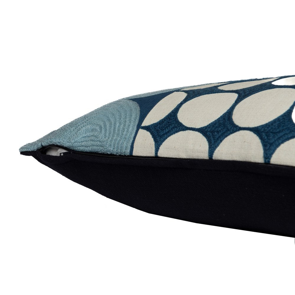 24" Blue and Ivory Geometric Cotton Throw Pillow With Embroidery