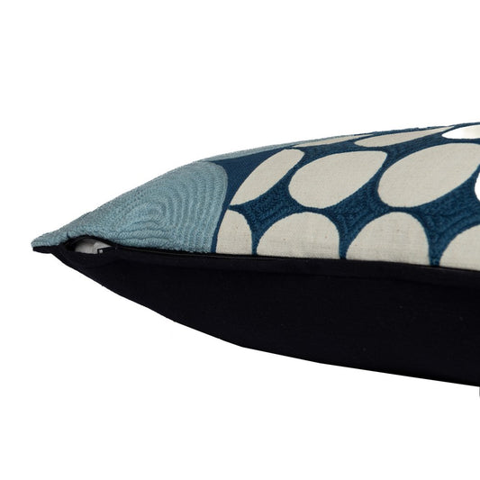 24" Blue and Ivory Geometric Cotton Throw Pillow With Embroidery