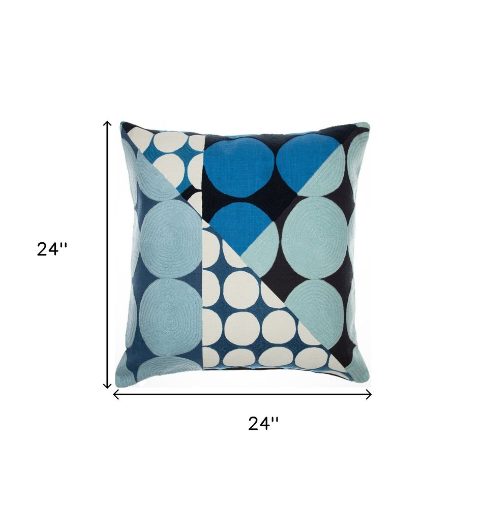 24" Blue and Ivory Geometric Cotton Throw Pillow With Embroidery