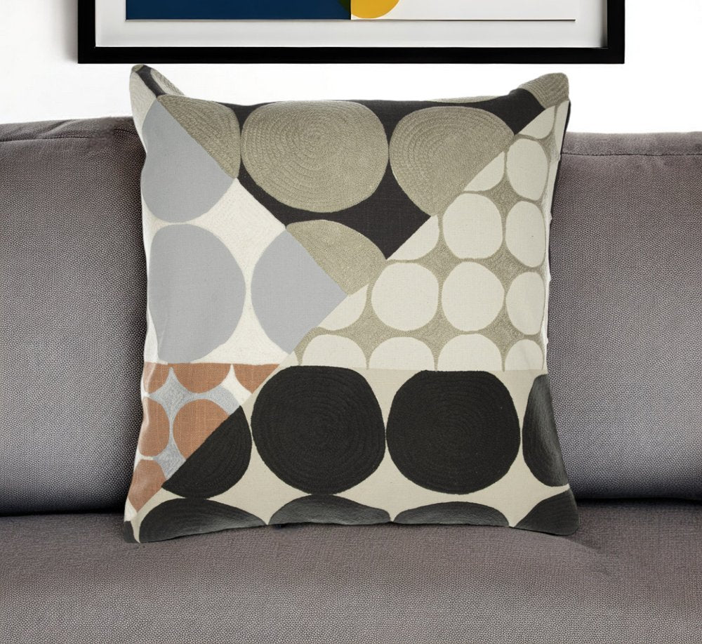 24" Blue and Ivory Geometric Cotton Throw Pillow With Embroidery