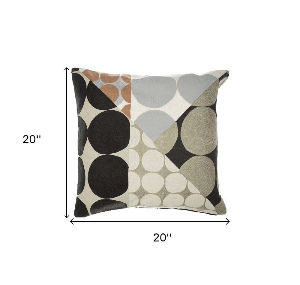 24" Blue and Ivory Geometric Cotton Throw Pillow With Embroidery