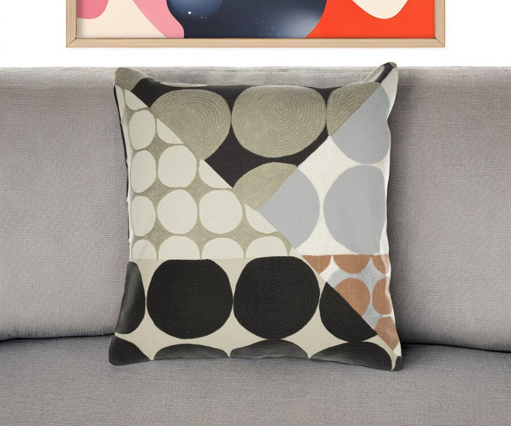 24" Blue and Ivory Geometric Cotton Throw Pillow With Embroidery