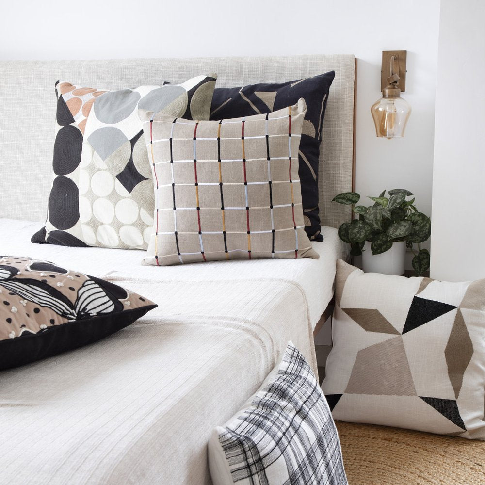 24" Blue and Ivory Geometric Cotton Throw Pillow With Embroidery