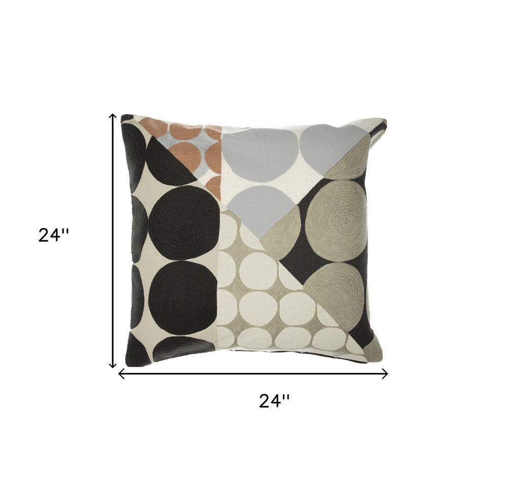 24" Blue and Ivory Geometric Cotton Throw Pillow With Embroidery