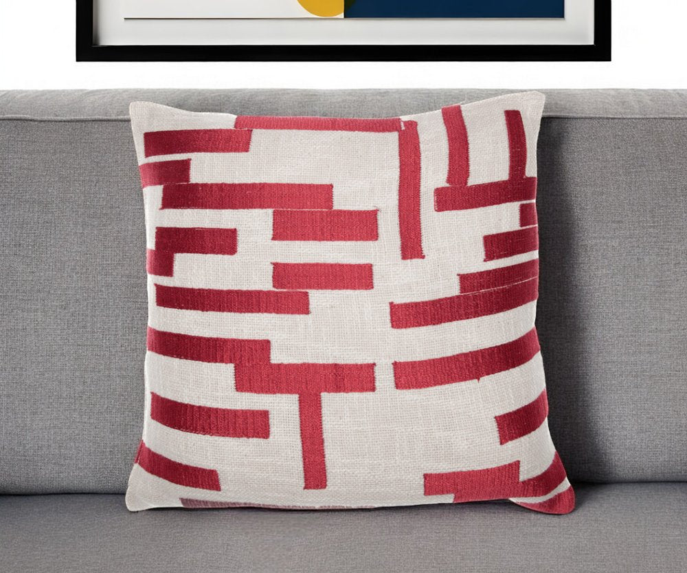 24" Yellow and Ivory Geometric Cotton Blend Throw Pillow With Embroidery