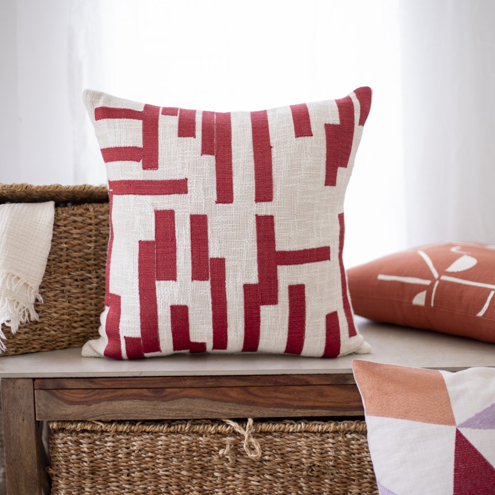 24" Yellow and Ivory Geometric Cotton Blend Throw Pillow With Embroidery