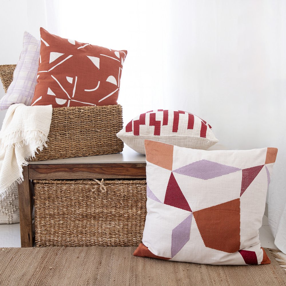 24" Yellow and Ivory Geometric Cotton Blend Throw Pillow With Embroidery