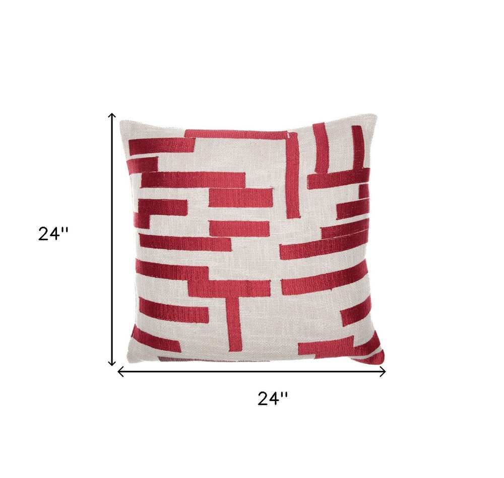 24" Yellow and Ivory Geometric Cotton Blend Throw Pillow With Embroidery