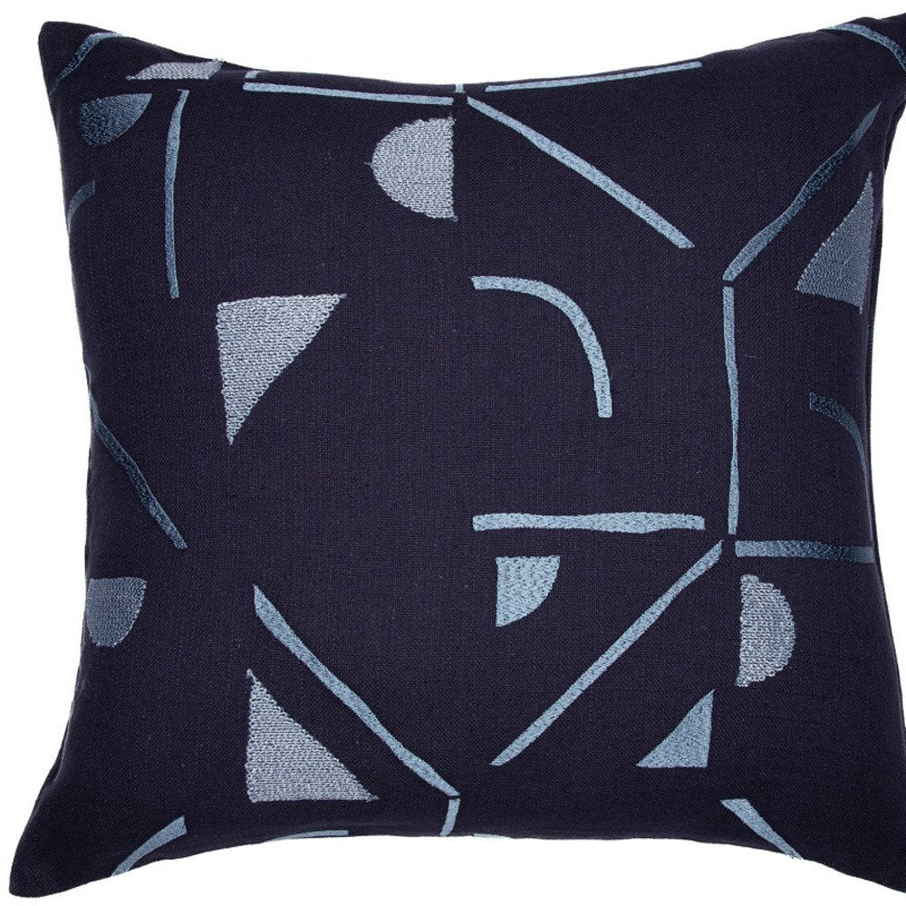 24" Blue Geometric Cotton Blend Throw Pillow With Embroidery