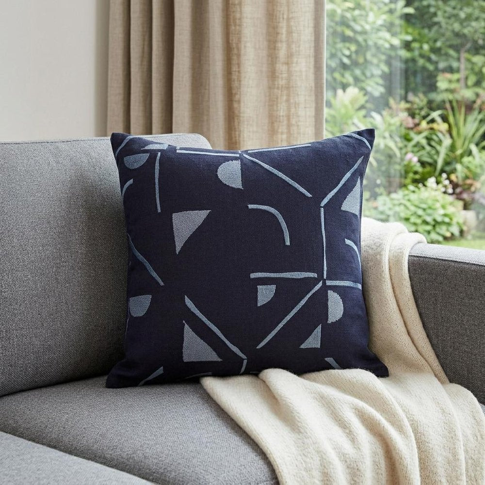 24" Blue Geometric Cotton Blend Throw Pillow With Embroidery