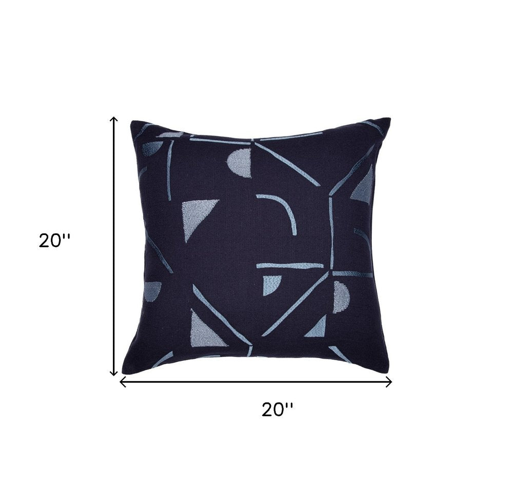 24" Blue Geometric Cotton Blend Throw Pillow With Embroidery