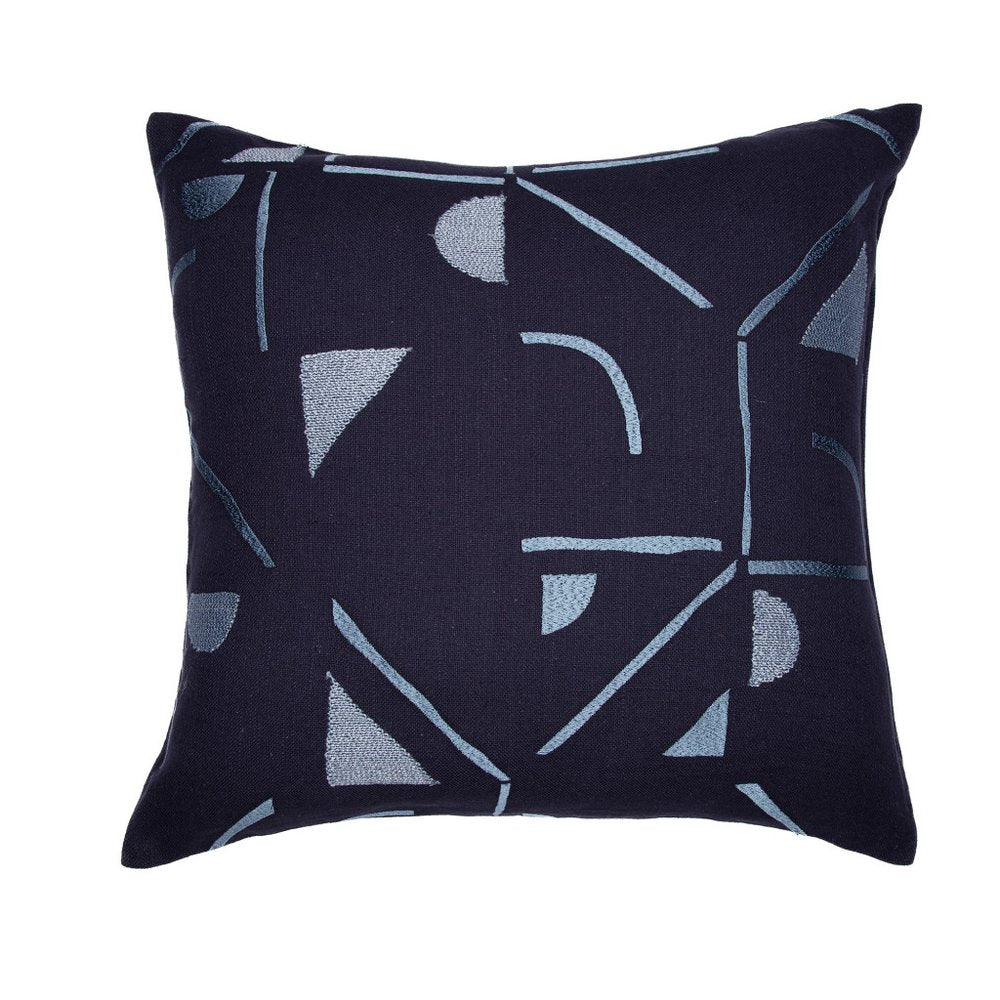 24" Beige and Black Geometric Cotton Blend Throw Pillow With Embroidery