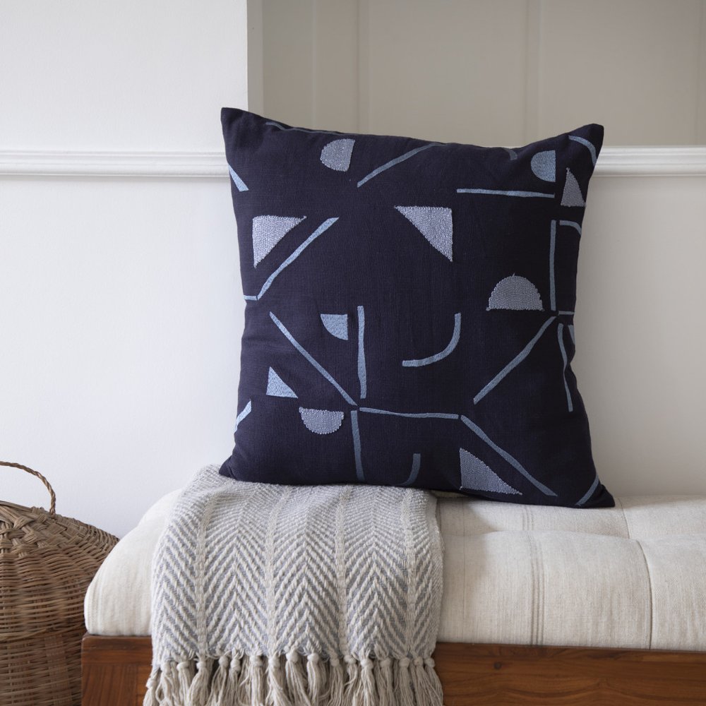 24" Blue Geometric Cotton Blend Throw Pillow With Embroidery