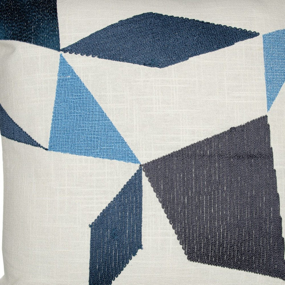24" Ivory and Blue Geometric Cotton Blend Throw Pillow  With Embroidery