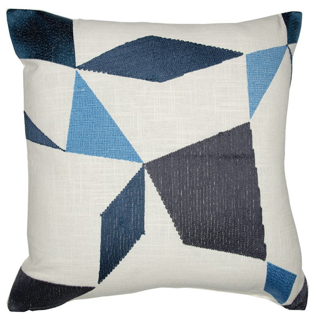 24" Ivory and Blue Geometric Cotton Blend Throw Pillow  With Embroidery