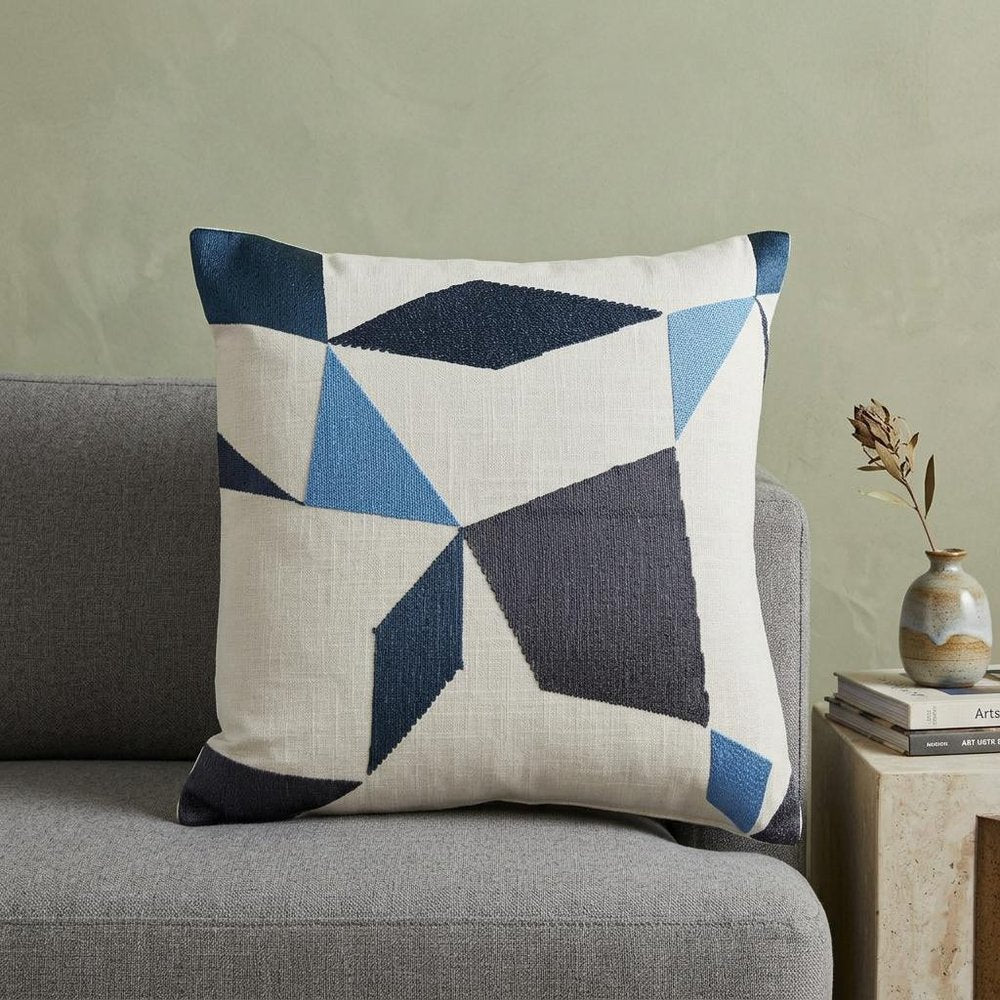20" Ivory Red and Orange Geometric Cotton Blend Throw Pillow With Embroidery