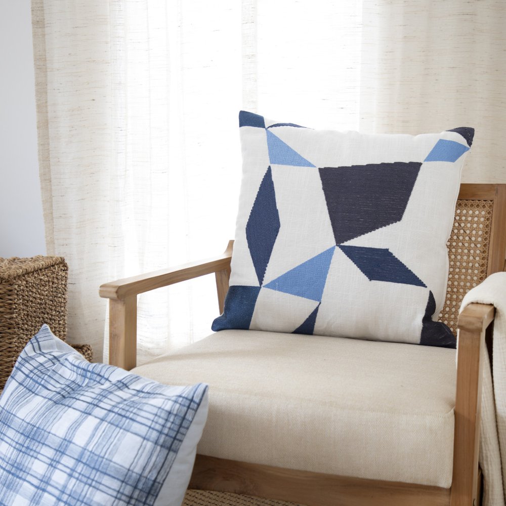 24" Ivory and Blue Geometric Cotton Blend Throw Pillow  With Embroidery
