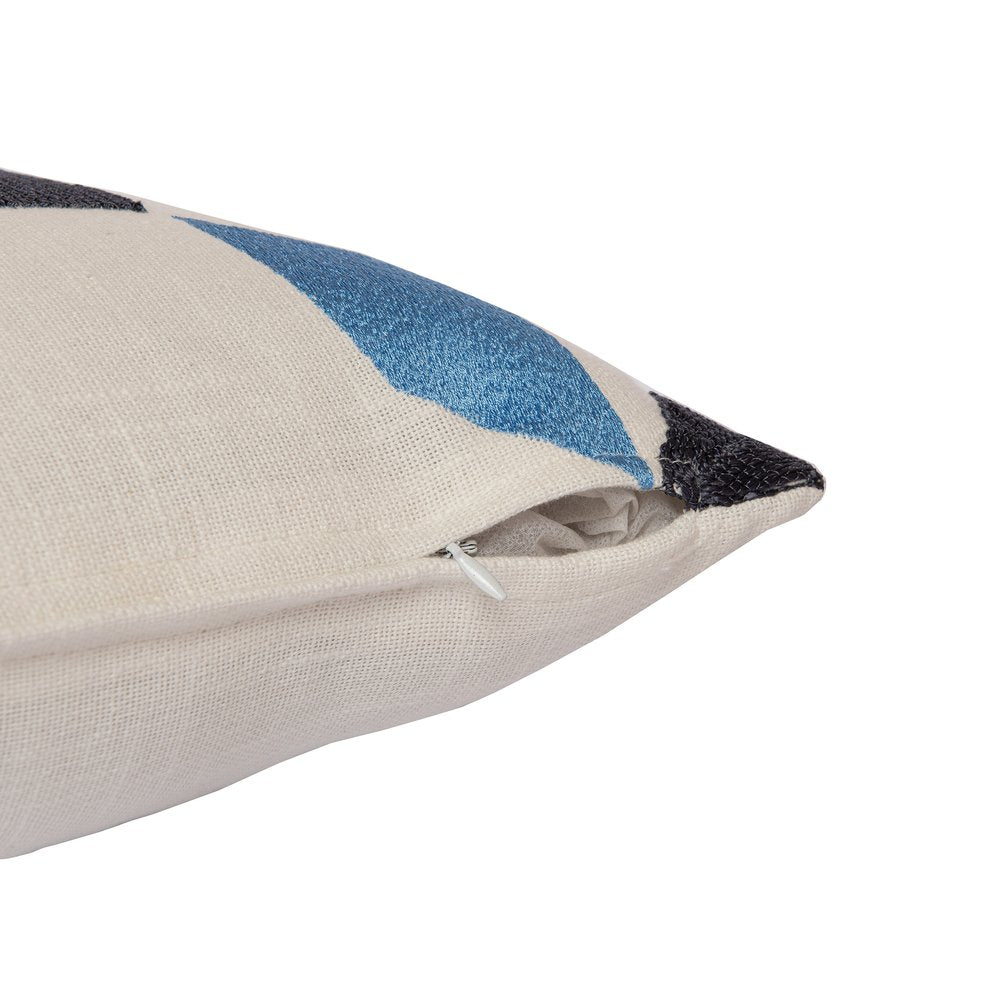 24" Ivory and Blue Geometric Cotton Blend Throw Pillow  With Embroidery
