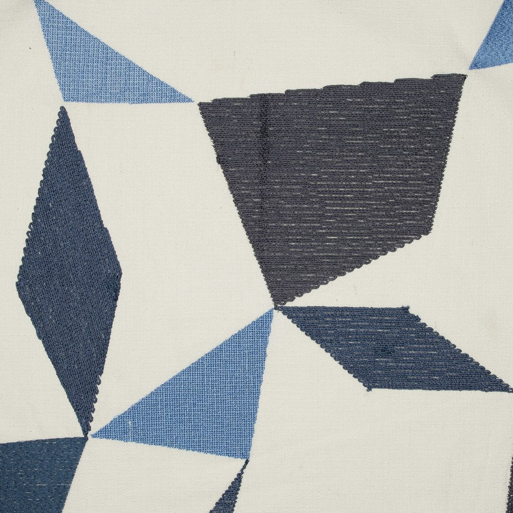 24" Ivory and Blue Geometric Cotton Blend Throw Pillow  With Embroidery