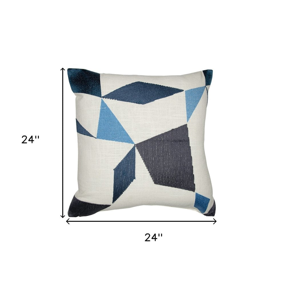 24" Ivory and Blue Geometric Cotton Blend Throw Pillow  With Embroidery