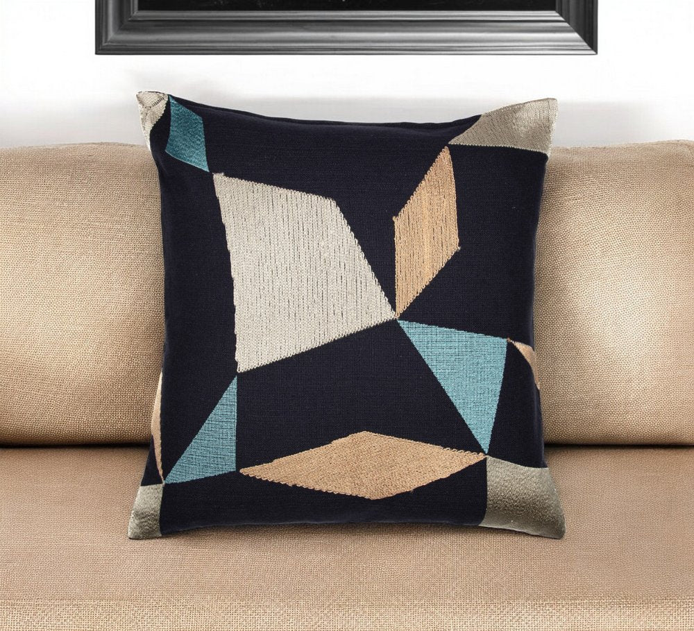 24" Ivory and Blue Geometric Cotton Blend Throw Pillow  With Embroidery