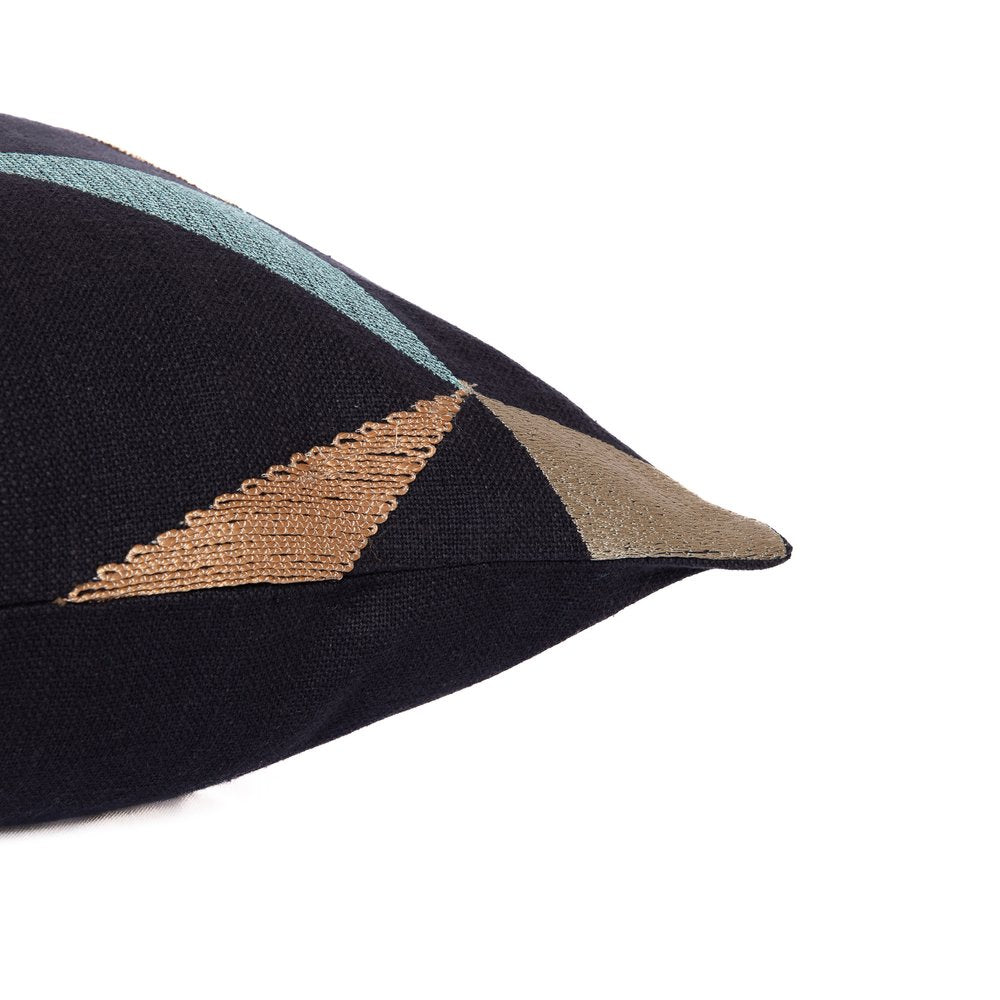 24" Ivory and Blue Geometric Cotton Blend Throw Pillow  With Embroidery