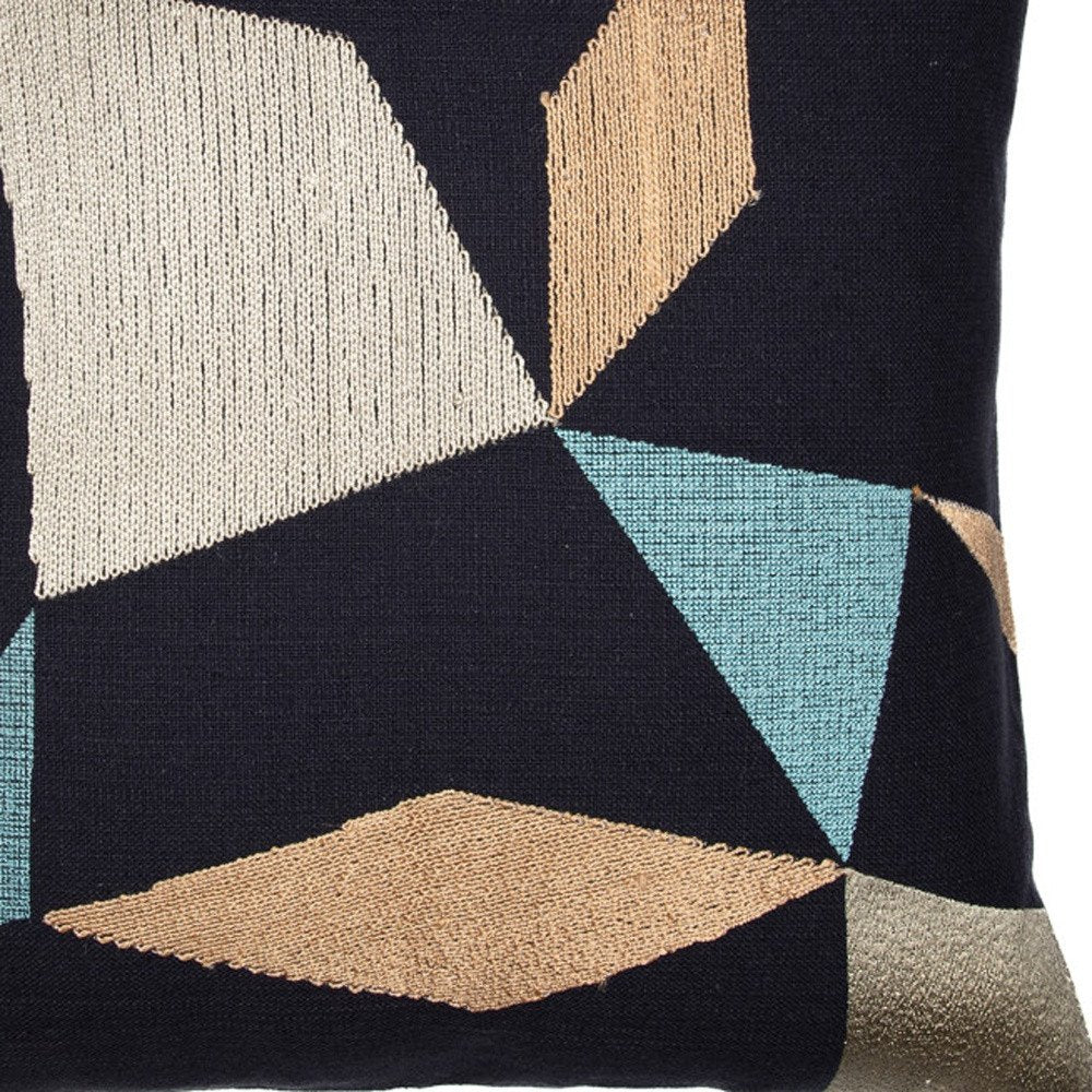 24" Ivory and Blue Geometric Cotton Blend Throw Pillow  With Embroidery