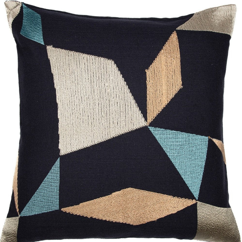 24" Ivory and Blue Geometric Cotton Blend Throw Pillow  With Embroidery
