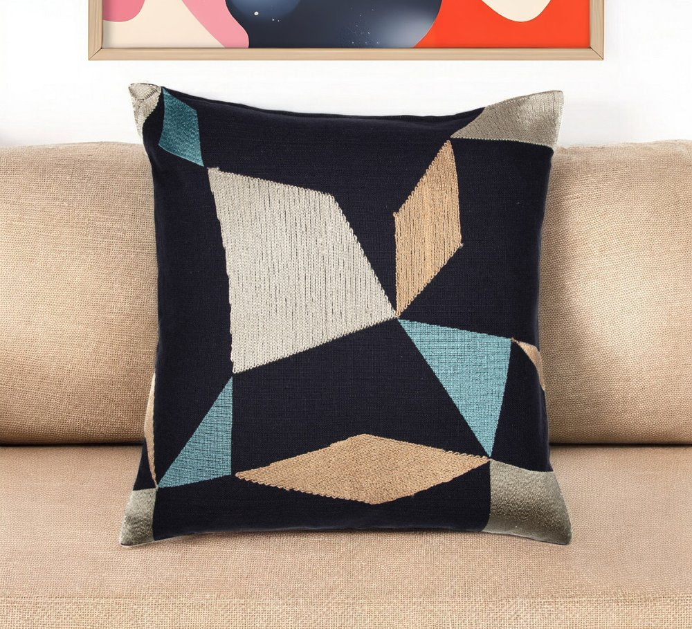 24" Ivory and Blue Geometric Cotton Blend Throw Pillow  With Embroidery