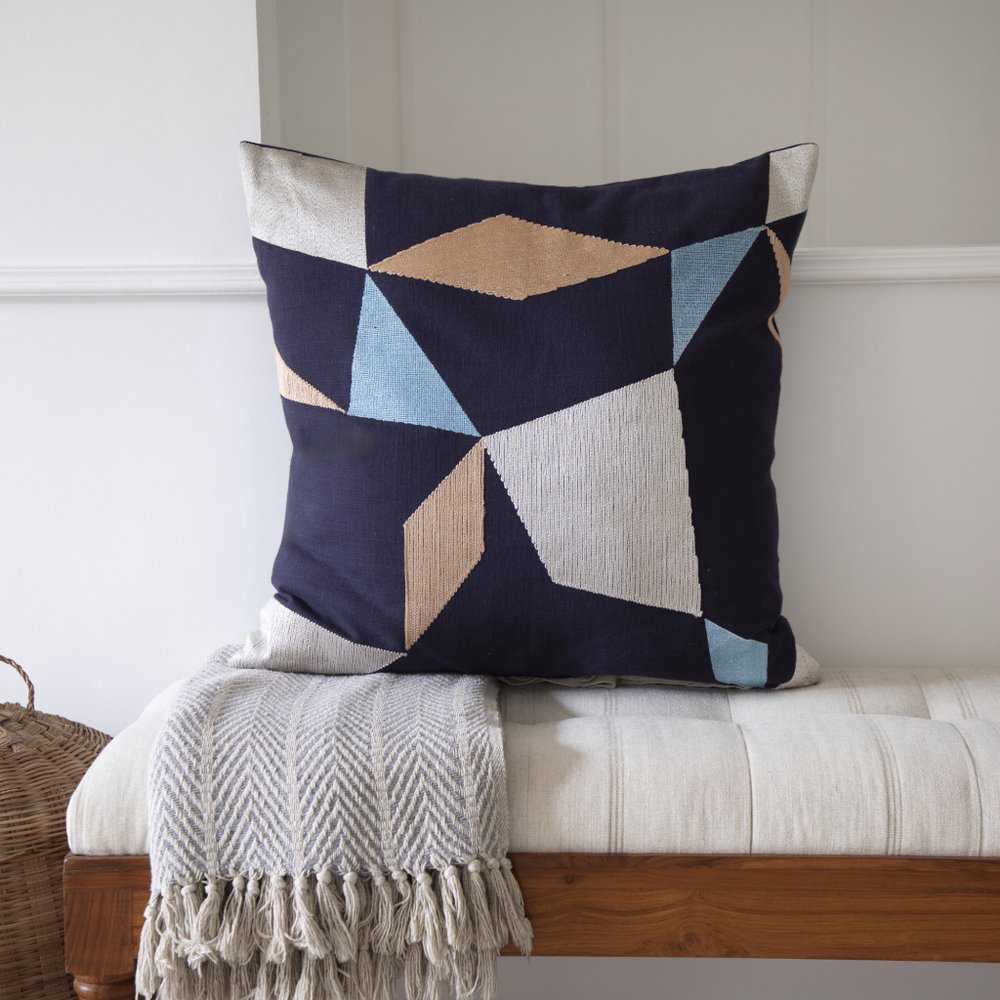 24" Ivory and Blue Geometric Cotton Blend Throw Pillow  With Embroidery
