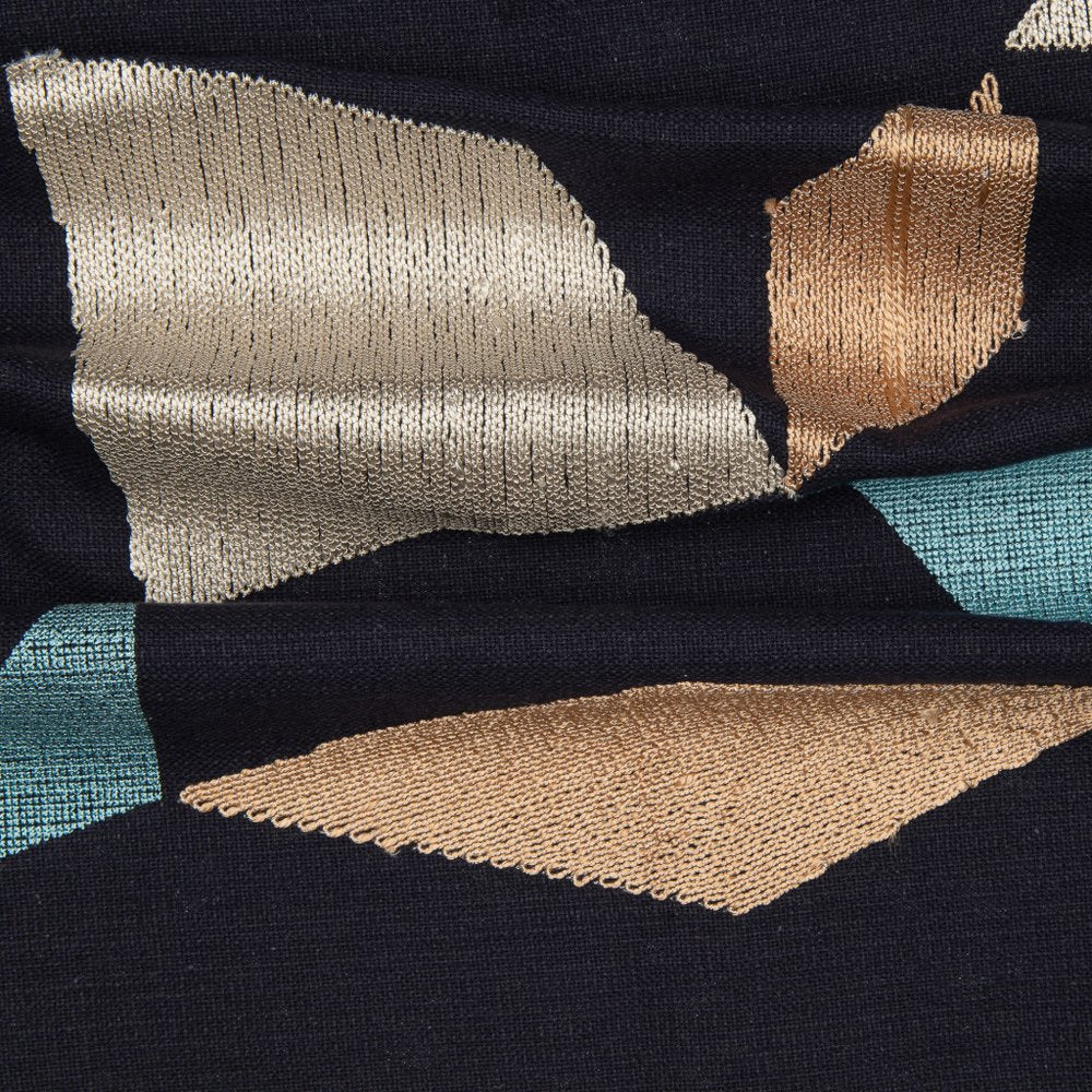 24" Ivory and Blue Geometric Cotton Blend Throw Pillow  With Embroidery