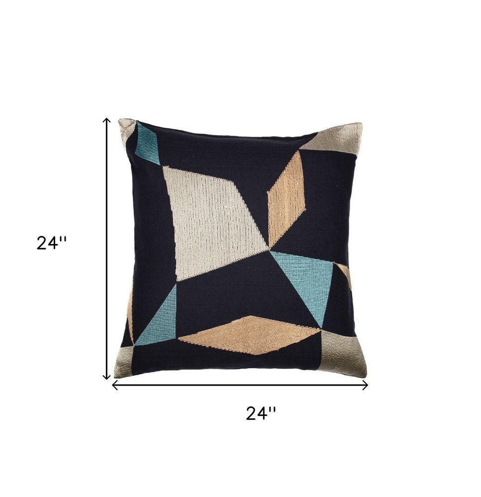 24" Ivory and Blue Geometric Cotton Blend Throw Pillow  With Embroidery