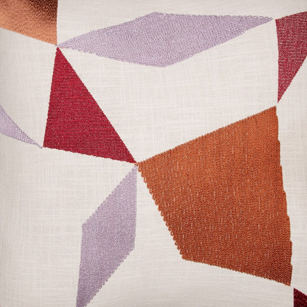 24" Ivory and Blue Geometric Cotton Blend Throw Pillow  With Embroidery