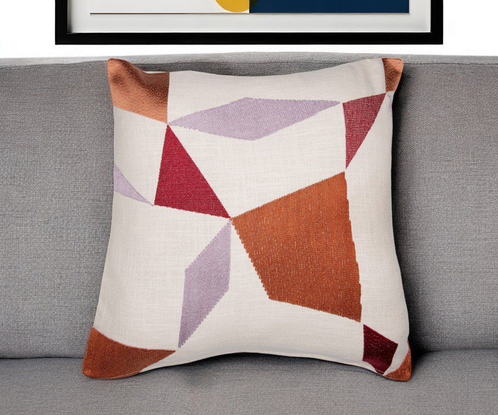 24" Ivory and Blue Geometric Cotton Blend Throw Pillow  With Embroidery