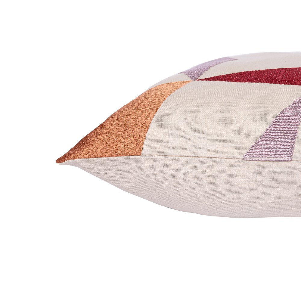 24" Ivory and Blue Geometric Cotton Blend Throw Pillow  With Embroidery