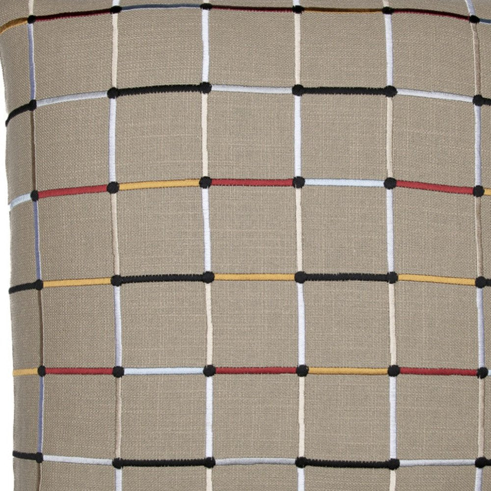 24" Beige Check Cotton Blend Throw Pillow With Embroidery