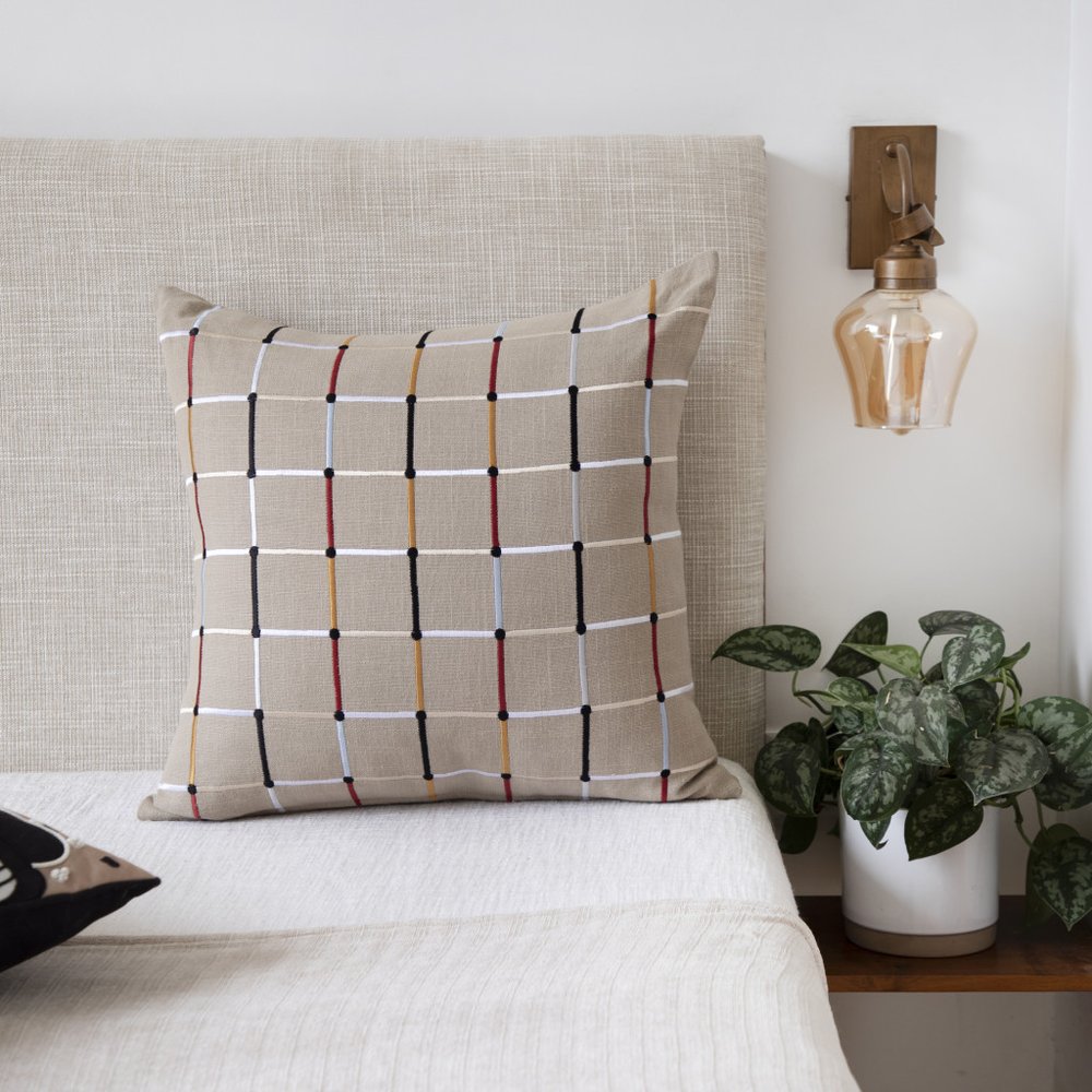 24" Beige Check Cotton Blend Throw Pillow With Embroidery