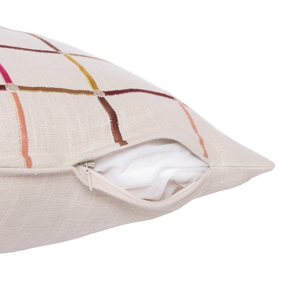 24" Beige Check Cotton Blend Throw Pillow With Embroidery