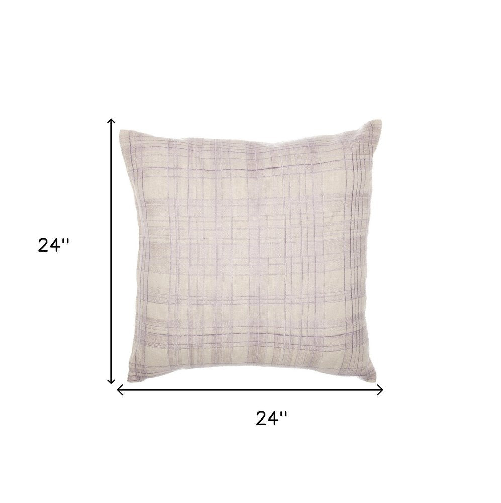 24" Ivory Check Cotton Blend Throw Pillow With Embroidery