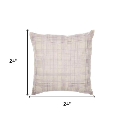 24" Ivory Check Cotton Blend Throw Pillow With Embroidery