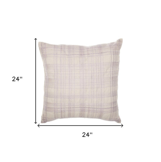 24" Ivory Check Cotton Blend Throw Pillow With Embroidery