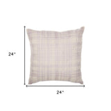24" Ivory Check Cotton Blend Throw Pillow With Embroidery