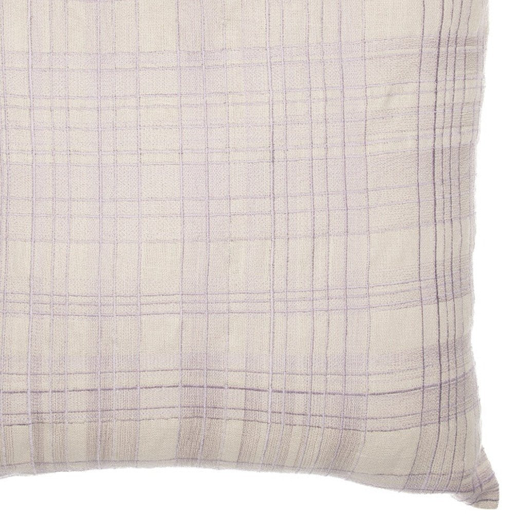 24" Ivory Check Cotton Blend Throw Pillow With Embroidery