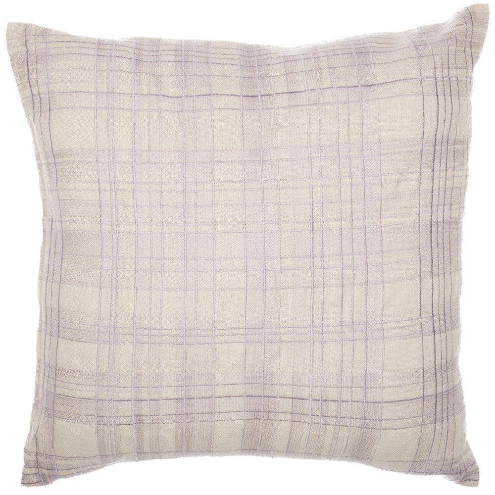24" Ivory Check Cotton Blend Throw Pillow With Embroidery