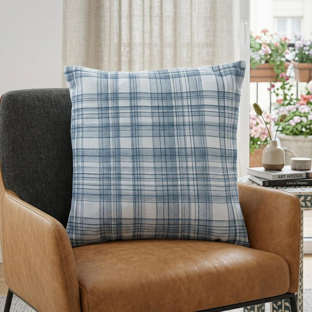 24" Ivory Check Cotton Blend Throw Pillow With Embroidery