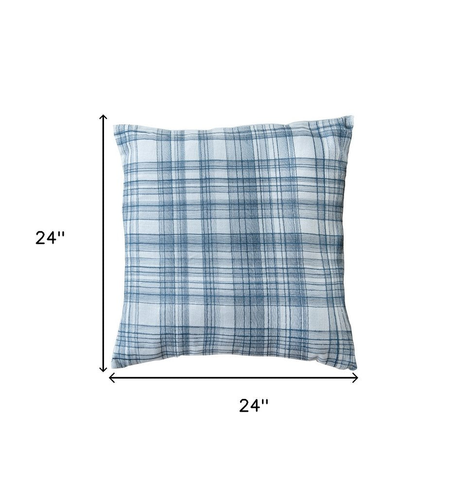 24" Ivory Check Cotton Blend Throw Pillow With Embroidery