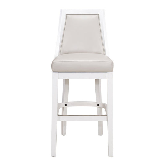 31" Gray And White Faux Leather And Solid Wood Bar Height Swivel Bar Chair